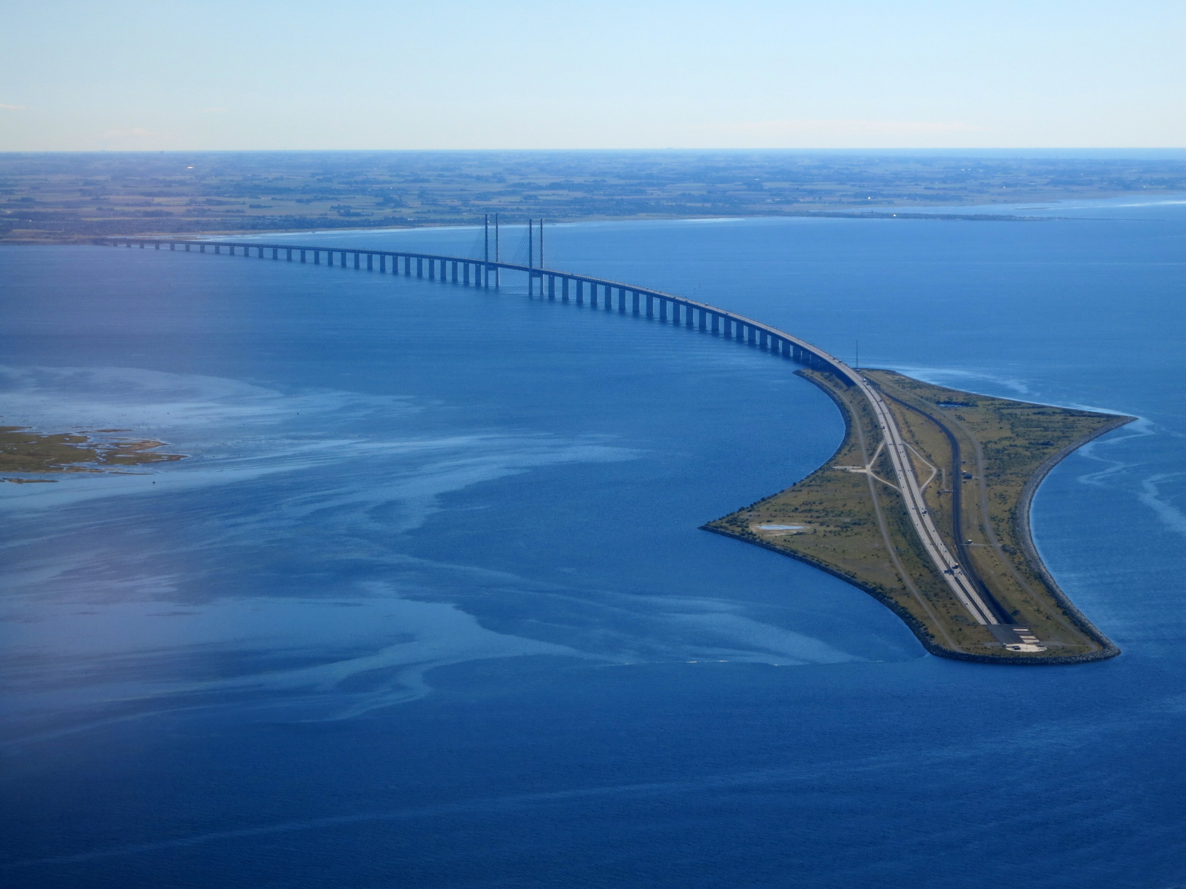 The Oresund Bridge from the air, the link running from the artificial island toward the Swedish shore